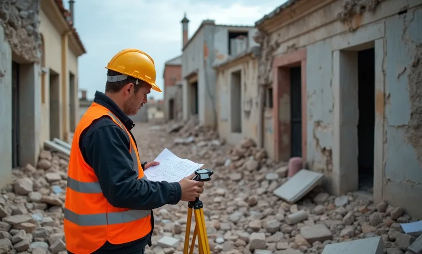 Diagnostic sinistre - Expert &eacute;valuant les dommages avec &eacute;quipements