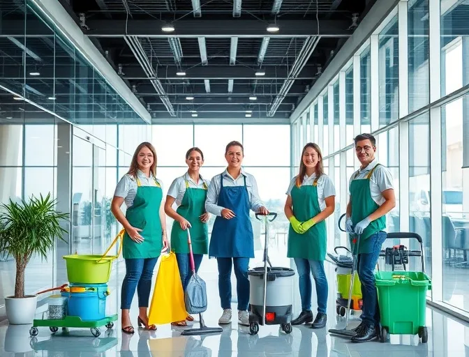 &Eacute;quipe de nettoyage professionnel utilisant des produits &eacute;cologiques dans un bureau moderne