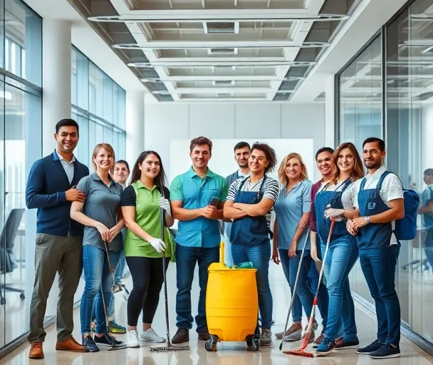 &Eacute;quipe professionnelle de nettoyage en uniforme avec &eacute;quipements sp&eacute;cialis&eacute;s