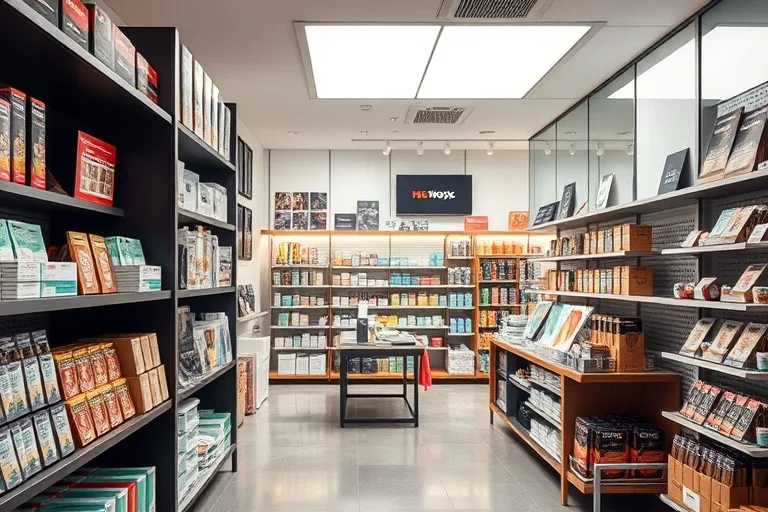 Espace commercial avec pr&eacute;sentoirs produits et zone client&egrave;le moderne