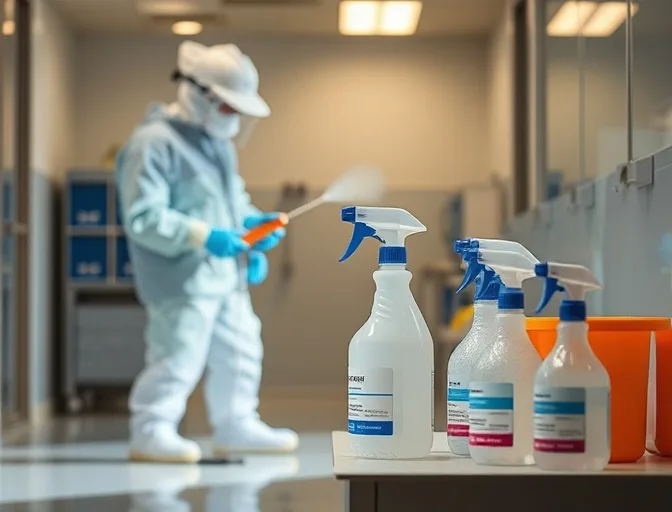 Service de d&eacute;sinfection professionnelle avec &eacute;quipements de protection dans un bureau