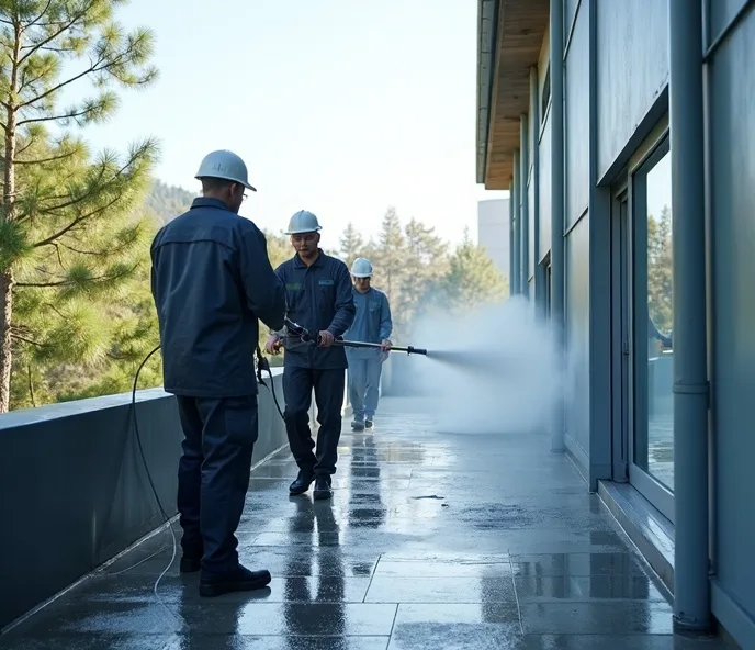 &Eacute;quipe d'experts en nettoyage terrasses et fa&ccedil;ades au travail