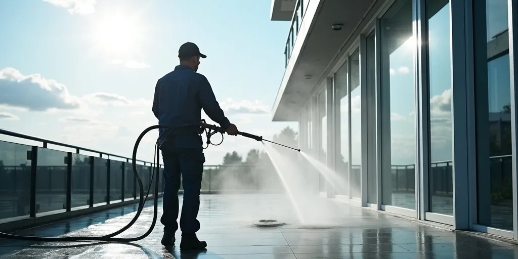 Nettoyage haute pression en action sur terrasses et fa&ccedil;ades