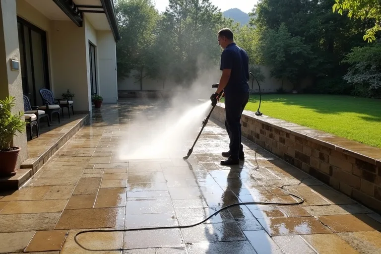 Service professionnel de nettoyage terrasses avec &eacute;quipement haute pression